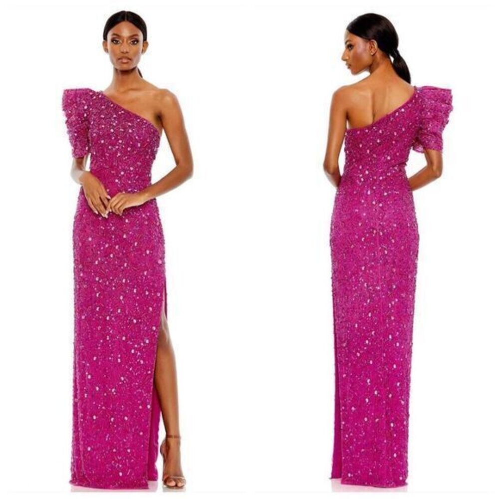 Mac Duggal 10912 Asymmetric Puff Sleeve Bead Embellished Maxi Dress Size 8